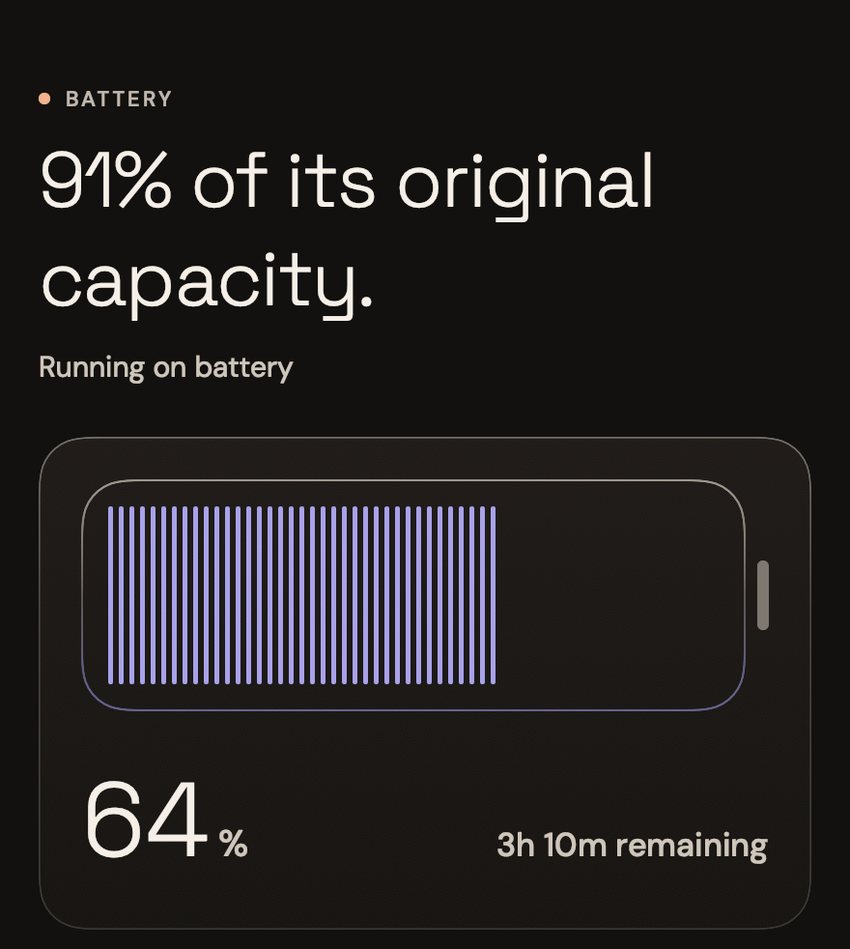 صفحة البطارية (Battery) في Tend: 91% من سعتها الأصلية، والجهاز يعمل على البطارية عند 64% مع 3 ساعات و10 دقائق متبقية.