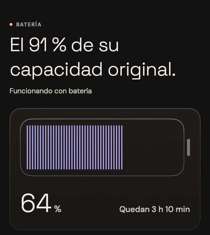 La página Batería de Tend: el 91 % de su capacidad original, funcionando con batería al 64 % y con 3 h 10 min restantes.