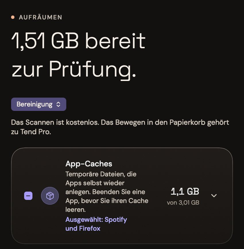 „Aufräumen“ in Tend: 1,51 GB bereit zur Prüfung; App-Caches, 1,1 GB von 3,01 GB, mit Spotify und Firefox ausgewählt.
