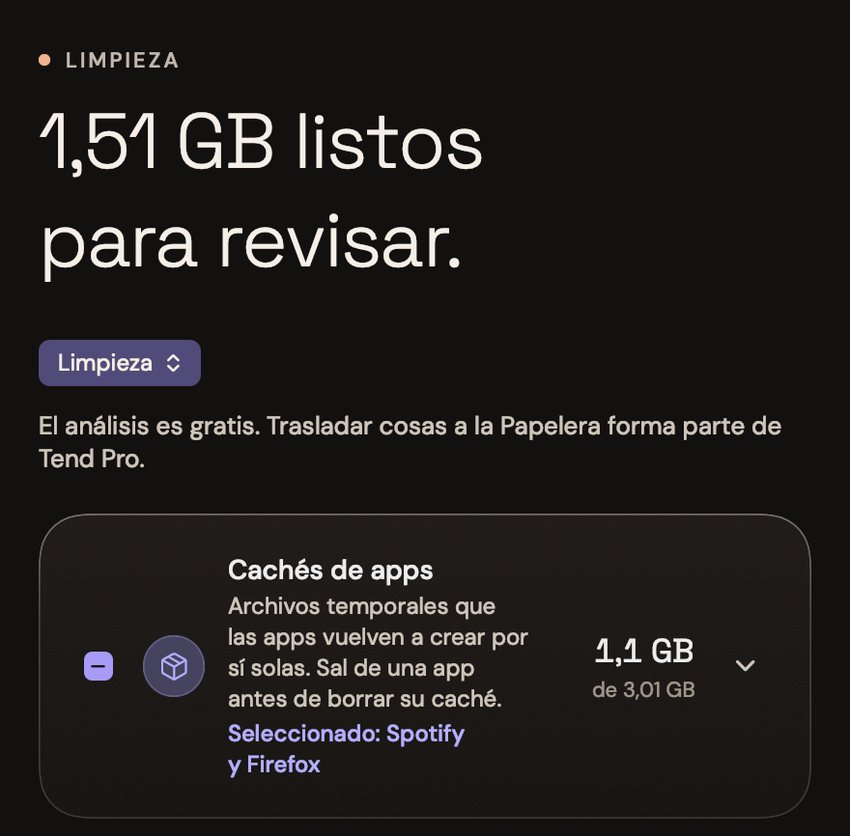 La Limpieza de Tend: 1,51 GB listos para revisar; cachés de apps, 1,1 GB de 3,01 GB, con Spotify y Firefox seleccionados.