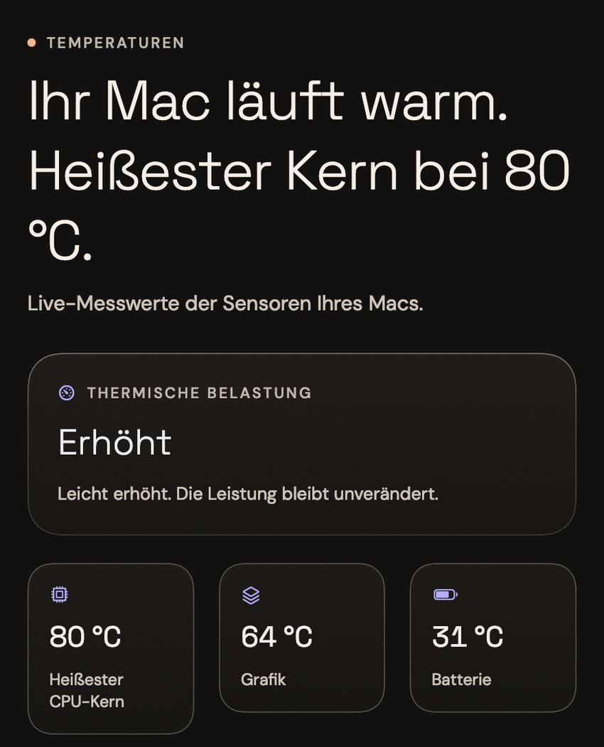 Die Seite „Temperaturen“ von Tend: Ihr Mac läuft warm, der heißeste Kern liegt bei 80 °C, thermische Belastung „Erhöht“: leicht erhöht, die Leistung bleibt unverändert.