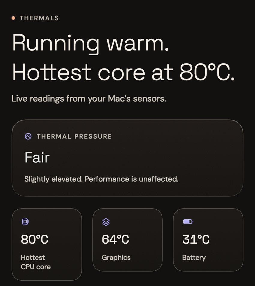 صفحة الحرارة (Thermals) في Tend: الجهاز دافئ، وأسخن نواة عند 80 درجة مئوية، والضغط الحراري «Fair»: مرتفع قليلًا، والأداء لا يتأثر.