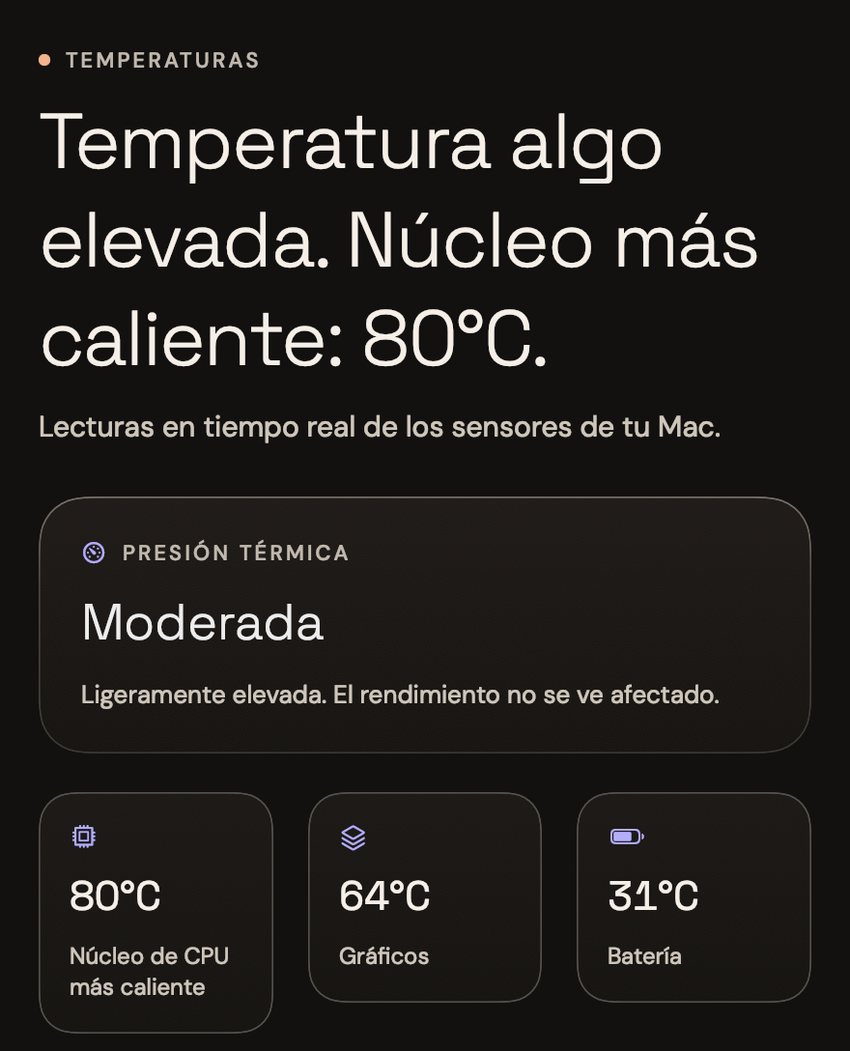 La página Temperaturas de Tend: temperatura algo elevada, el núcleo más caliente a 80 °C, y presión térmica «Moderada»: ligeramente elevada, el rendimiento no se ve afectado.