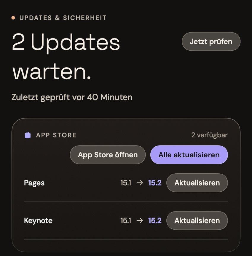 Die Seite „Updates & Sicherheit“ von Tend: 2 Updates warten, zuletzt geprüft vor 40 Minuten; Pages und Keynote aus dem App Store, je von 15.1 auf 15.2, mit der Taste „Alle aktualisieren“.