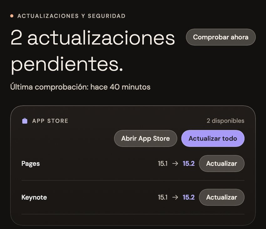 La página Actualizaciones y seguridad de Tend: 2 actualizaciones pendientes, última comprobación hace 40 minutos; del App Store, Pages y Keynote, de la 15.1 a la 15.2, con «Actualizar todo».